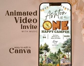 Editable One Happy Camper First Birthday Invitation Template Woodland Animal Theme Boy 1st Bday National Park Party Adventure Invite Facgb01