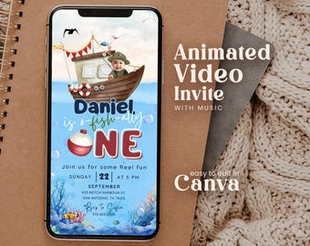 Editable Ofishally One 1st Birthday Invitation Template With Picture Outdoor Lake Fish Reel Fun Hunting Boy O-Fish-Ally Gone Fishing Wfrb01