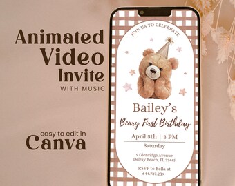 Editable Beary First Birthday Invitation Animated Teddy Bear Personalables Minimalist Neutral Girl Boy 1st Party Invite Template Bmbb01