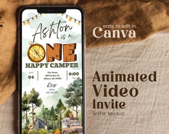 Editable One Happy Camper First Birthday Invitation Template Woodland Animal Theme Boy 1st Bday National Park Party Adventure Invite Facgb01