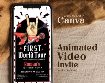 May include: A smartphone displaying a rock-themed birthday invitation with a hand making a rock sign, a red electric guitar, and a microphone. The text reads: First World Tour, Rowan's 1st Birthday, January 11 at 2:00 PM, 212 Laurel St, Spring Valley, NY 10977.