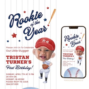 Bearbeitbare Baseball Einladung Erste Geburtstagsfeier mit Bild Rookie des Jahres Junge Sport Thema laden 1st Geburtstag Video Vorlage Sbbr01