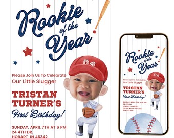 May include: A baseball-themed first birthday invitation with a photo of a baby in a baseball uniform. The invitation says "Rookie of the Year" and includes the baby's name, Tristan Turner, and the date and time of the party.  The invitation also includes the address and RSVP information.