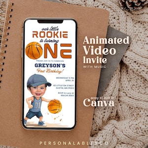 Invitación animada editable para el primer cumpleaños del novato del año en baloncesto con foto personalizable Invitación móvil animada de deportes para niños Rbro01