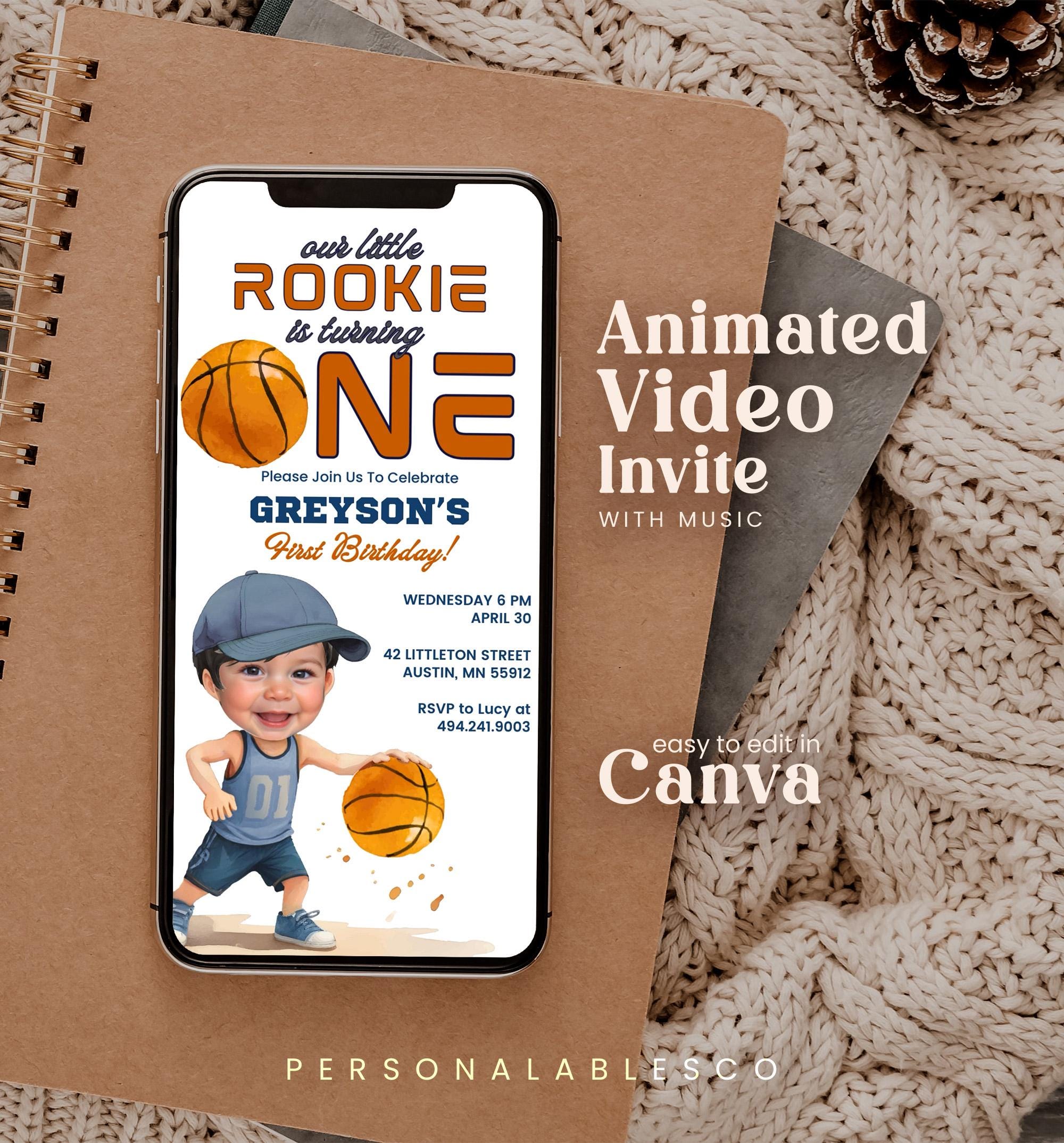 Editable Basketball Rookie Of The Year 1st Birthday Animated Invitation With Photo Personalables Boys Sports Animated Mobile Invite Rbro01