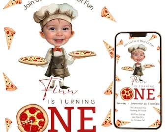 Editable Slice Of Fun 1st Birthday Invitation Video With Photo Personalables Italian Chef Pizza Fun Food Pasta Animated Mobile Invite Psyr01