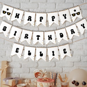 One Happy Dude Boy 1st Birthday Banner Flaggen Name Printable Wall Décor Bday Cool Rock Roll Party Rad Schwarz Kariert 70er Jahre Groovy Retro Cbby01