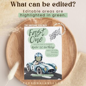 Editable Fast One Race Car 1st Birthday Printable Invitation With Photo Personalables Blue Car First Lap Racing Mobile Invite Rcbr01 image 2