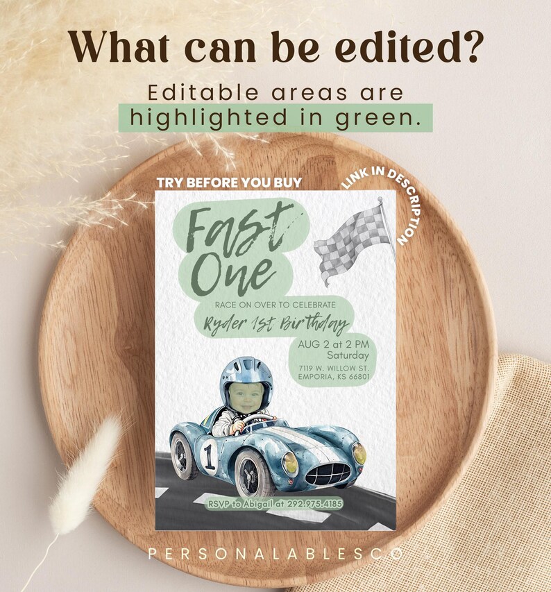 Editable Fast One Race Car 1st Birthday Printable Invitation With Photo Personalables Blue Car First Lap Racing Mobile Invite Rcbr01 image 2