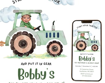 Editable Start Your Tractor 1st Birthday Animated Invitation With Photo Personalables Farm Tractor Busy Truck Animated Mobile Invite Ftgy01