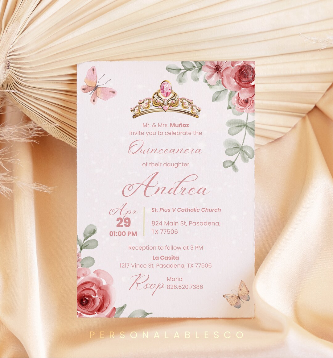 Editable Quinceanera Invitation Word Blush Pink Flower Diy Printable