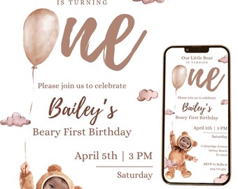 Editable Beary First Birthday Invitation Photo Animated Teddy Bear Personalables Girl Boy Turning One Party Neutral Invite Template Bmbb01