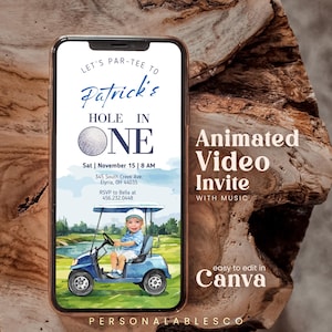Modificabile Hole In One Golf 1° Compleanno Invito Animato con Foto Personalizzabili Boy Sports Partee Golfing Invito Mobile Animato Gpwg01