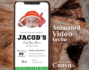First Year Down Birthday Invite Football Sports Animated Invitation 1st Kick Off American Game One Party Video Text Message Editable Safgm01