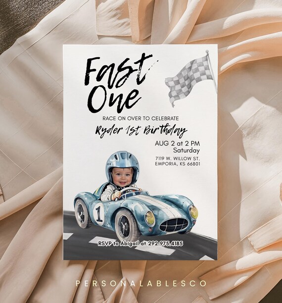 Editable Fast One Race Car 1st Birthday Printable Invitation With Photo Personalables Blue Car First Lap Racing Mobile Invite Rcbr01
