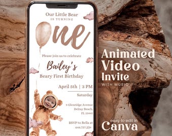 Editable Beary First Birthday Invitation Photo Animated Teddy Bear Personalables Girl Boy Turning One Party Neutral Invite Template Bmbb01