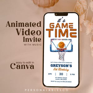 編集可能なゲームの時間です バスケットボールの誕生日招待状 ビデオ パーソナライズ可能 男の子向け スポーツ あらゆる年齢層向け 電子モバイル アニメーション 招待状 Rbro01