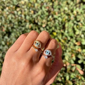 Anillo de mal de ojo (ajustable) chapado en oro de 18 k + plata, circonitas de cristal de imitación