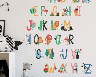 Kids Animal Alphabet ABC Wall Stickers, Removable Colorful Educational Wall Decals Peel and Stick, Playroom Classroom Art murals Decorations