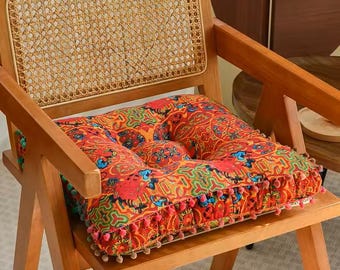 Bohemian Floor Cushion, Tufted Cotton Linen Pillow, Moroccan Pom Pom Trim