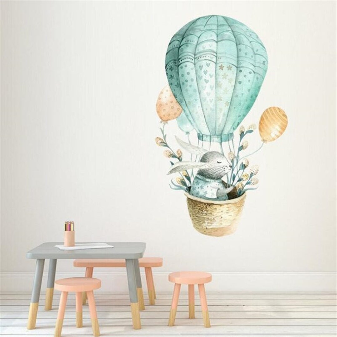 Cartoon Bunny Hot Air Balloon Wall Decal Sticker for Kids Room, Bedroom ...