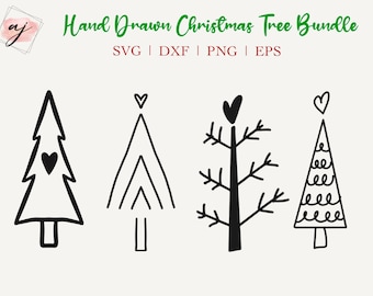 May include: A collection of four hand-drawn black Christmas tree designs with heart accents. The text "Hand Drawn Christmas Tree Bundle" is in green, with file type indicators below. The trees vary in style, including a traditional outline and a minimalist design.