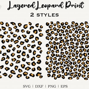 May include: Two layered leopard print designs in black and gold. The designs are seamless and can be used for various crafting projects.  SVG, DXF, PNG, and EPS file formats are included.