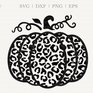 May include: Black and white leopard print pumpkin design. The pumpkin has a stem and leaves. The image also includes the text "SVG | DXF | PNG | EPS".