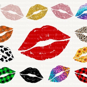 20 Lips Kiss PNG-bundel, sublimatie clipartbundel lippen, luipaardprint, zonnebloem, goud en glitterlippen, Kiss XOXO-bundel