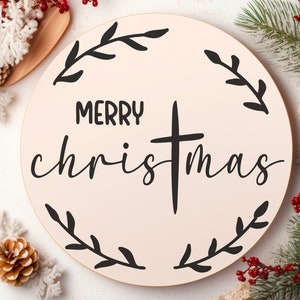 Merry Christ mas with Cross and Leaves SVG, Elegant Round Rustic Merry Christmas Sign with Cross and Vines SVG, Xmas svg dxf png eps