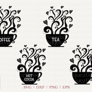 Coffee Art SVG Bundle, Coffee Tea Hot Cocoa Bar SVG, Coffee Mug with Swirly Steam and Hearts SVG, cut file svg dxf eps png