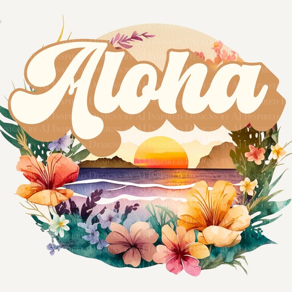 Aloha Hawaiian Beach Surf and Sunset PNG Sublimation, Retro Vintage Aloha, Distressed and Clean Summer Sublimation Design PNG