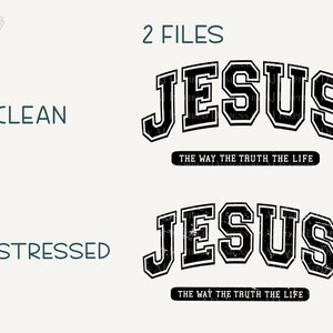 Op de afbeelding: Digitaal ontwerp met het woord "JESUS" in een vet, zwart lettertype in collegestijl, met een witte omlijning. Daaronder staat de zin "THE WAY THE TRUTH THE LIFE" in een kleinere, zwarte, rechthoekige banner. Twee versies worden getoond: schoon en verweerd.