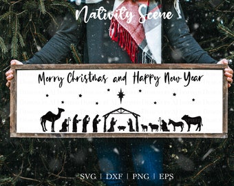 Könnte beinhalten: Ein holzgerahmtes Schild mit dem Text "Merry Christmas and Happy New Year" über einer schwarzen Silhouette der Krippenszene. Das Schild enthält auch den Text "Nativity Scene" und Dateitypinformationen.