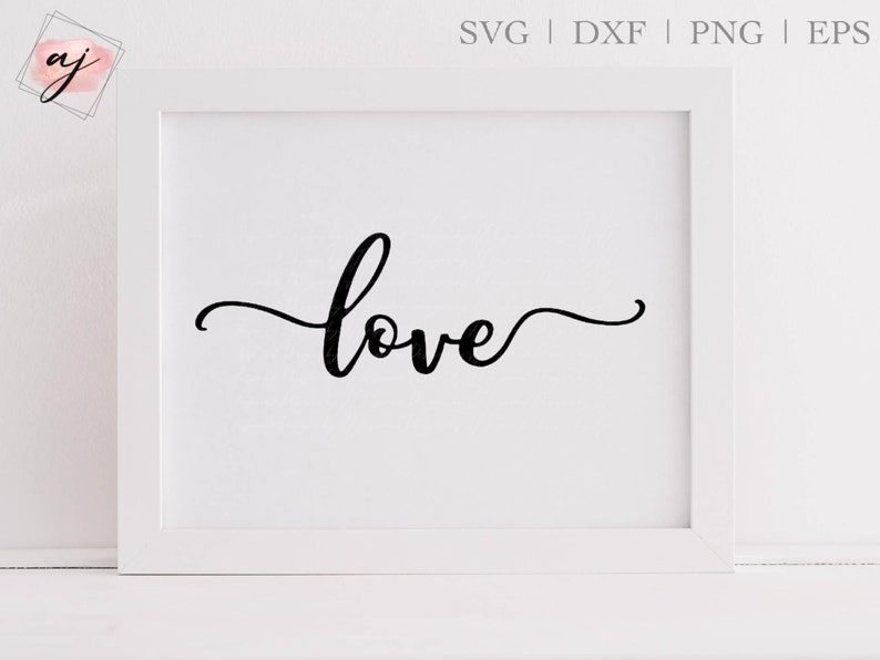 May include: A white frame with a white mat surrounding a black cursive word "love" on a white background.