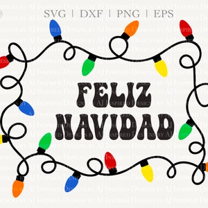 May include: A festive design featuring the words "Feliz Navidad" in bold, black letters, framed by a string of colorful Christmas lights. The lights are in various colors, including red, yellow, green, blue, and orange.