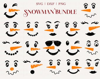 Paquete de caras de muñecos de nieve en formato SVG, caras de muñecos de nieve para adornos navideños en SVG, adornos navideños de muñecos de nieve de invierno en SVG, archivos SVG, DXF, PNG y EPS.