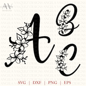 Op de afbeelding: Een zwart grafisch ontwerp met de letters A, B en C in een cursief lettertype, elk versierd met gedetailleerde bloemillustraties. De tekst "AV Angela Vasquez DESIGNS" staat linksboven en "SVG | DXF | PNG | EPS" onderaan.