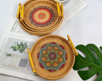 Rattan Round Serving Tray, HandWoven Serving Basket with Wooden Handles