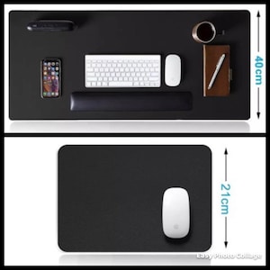 Pode incluir: Um tapete de secretária preto, 40 cm x 21 cm, com teclado, rato e apoio para os pulsos brancos. Um smartphone, um caderno, uma caneta e uma chávena de café também estão no tapete. O tapete de secretária é mostrado com um rato num tapete mais pequeno.