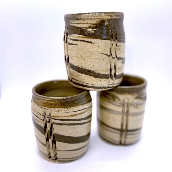 Three (3) Cup Set // Ceramic Cups // Swirl Design // Dark and Light Clay Design // Hand-Thrown Ceramic Cups