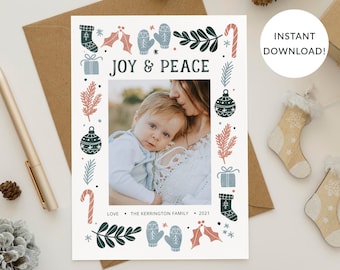 Christmas Photo Card Template, Joy and Peace Doodles Blue, Pink, Green, Sage, Holiday Photo Card, Single Photo, Front & Back Included, Corjl