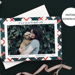 Kerstkaartsjabloon, vakantieplaid/bonbon/streep, landschap, kerstfoto, foto kerstkaarten inclusief voor- en achterkant, corjl