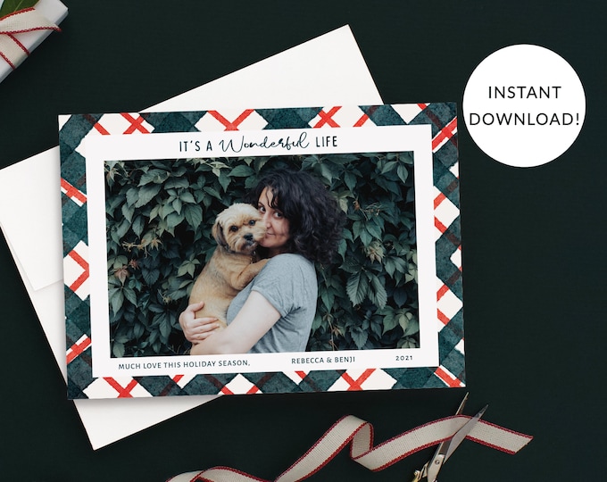 Christmas Photo Card Template, Holiday Plaid/Gingham/Stripe, Landscape, Christmas Photo, Photo Christmas Cards Front & Back Included, Corjl