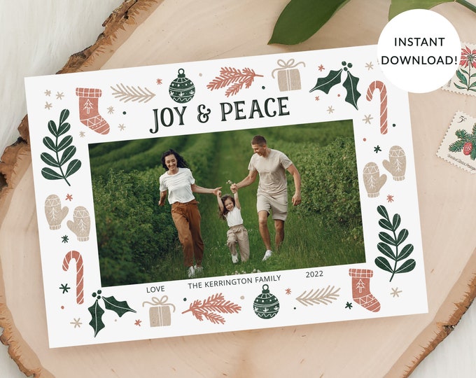 Christmas Photo Card Template, Landscape, Joy and Peace Doodles Tan, Pink, Green, Holiday Photo, Single Photo, Front & Back Included, Corjl