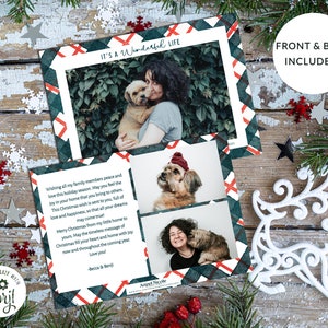 May include: A Christmas card with a plaid background and a photo of a woman and her dog. The card has a message wishing family members peace and love during the holiday season. The text on the card reads "It's a Wonderful Life".
