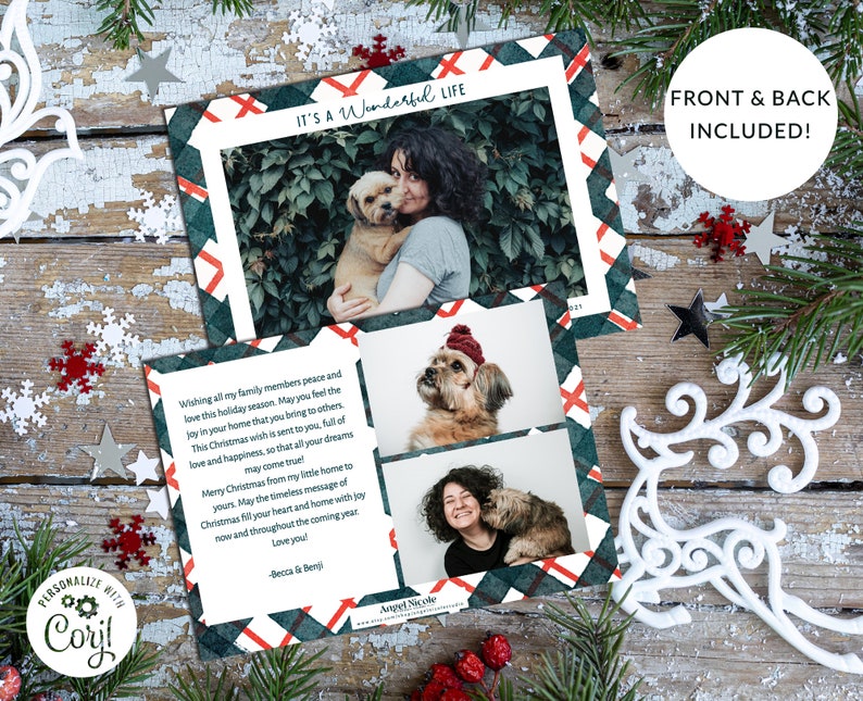 May include: A Christmas card with a plaid background and a photo of a woman and her dog. The card has a message wishing family members peace and love during the holiday season. The text on the card reads "It's a Wonderful Life".