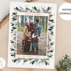 Kerstkaartsjabloon, vakantiebladeren, bessen, eucalyptus, kerstkaarten, voor- en achterkant inbegrepen, afdrukbaar, corjl
