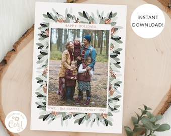 Christmas Photo Card Template, Holiday Leaves Berries Eucalyptus, Christmas Cards, Front & Back Included, Printable, Corjl