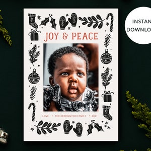 Weihnachtsfotokartenvorlage, Joy und Peace Doodles Schwarz, Rot, Feiertagsfotokarte, Einzelfoto, Vorder- und Rückseite enthalten, Corjl